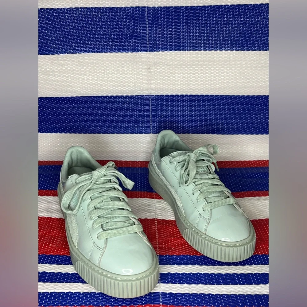 PUMA - Women's Mint Green Leather Basket Platform Sneakers Size 7.5 Shoes Unisex